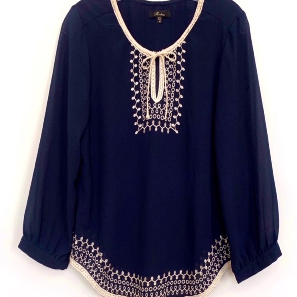 MONTEAU M boho top blouse Navy Blue Cream embroidery 3/4 sleeves Excellent